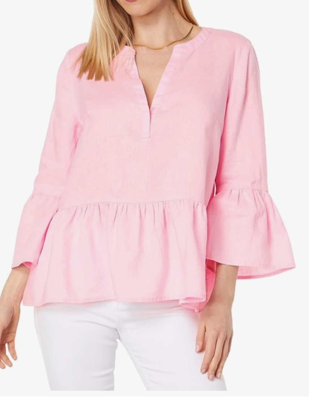 Lilly Pulitzer Pink 3/4 Sleeve Bekah 100% Linen V-Neck Tunic Peplum Top, Size L